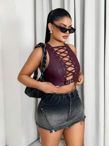 Sirith 2025 Lady's New Sexy PU Leather Eyelet Crossed Strap Women's Top, Suitable For Parties, Nightclubs, And Bold Girls - Red - View 3