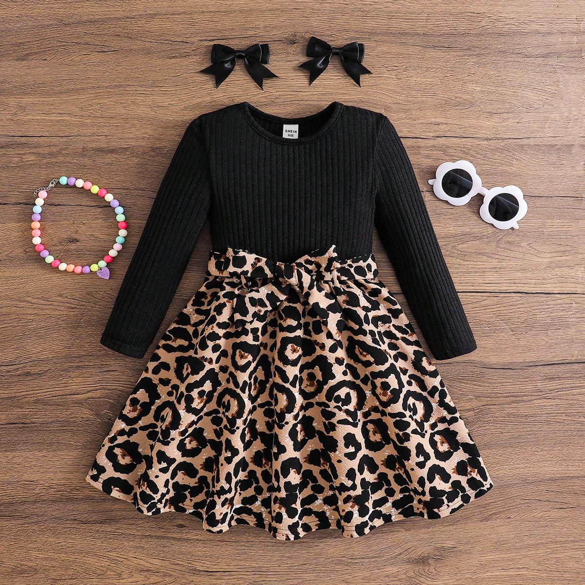 Vestido casual de punto con cuello redondo y estampado de leopardo para niñas jóvenes, vestido de manga larga con estampado de leopardo jacquard, ad