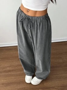 SHEIN PETITE 女士灰色休閒居家條紋長褲，適合春夏，工裝褲細條紋褲，適合嬌小女性 - 黑色 - 查看 12
