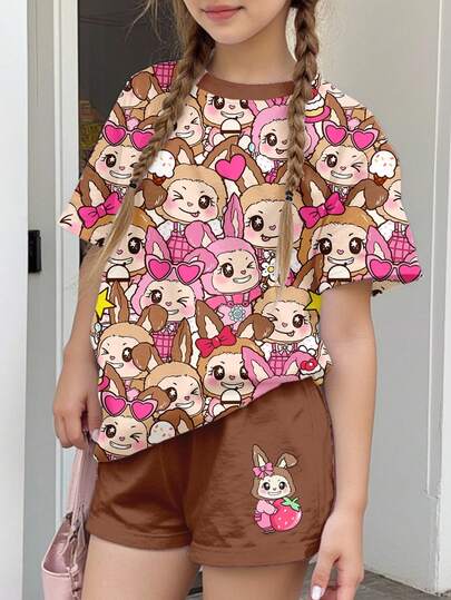 SHEIN 2 件套 Tween 女童休闲粉色系可爱趣味动物印花短袖圆领 T 恤和短裤套装，夏季