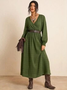 Freevana Plus Size Fall Clothes All Over Print Shirred Leopard Long Sleeve Dress/Fall Dresses/Fall Women Outfits Fall Wedding Guest Dress Elegant Women Dresses Business Casual Woman Work Dress Business Dress Fall Wedding Guest Dress Business Casual Woman Fall Clothes For Women Winter Clothes Office Outfits For Women Chic Winter Business Winter Party Fall Halloween Christmas - Army Green - View 3