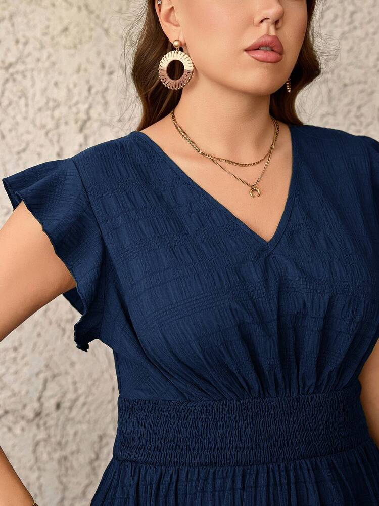 SHEIN LUNE Vestido Longo Fluido de Tecido Texturizado Plus Size, Vestido de Verão Formatura Traje 4 de Julho Vestido Longo Azul Branco Formatura Vestido Longo Casual de Verão Vestido Longo Evasê Vestido de Férias - Azul Marinho - Visão 5