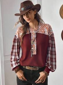 LanaWest Camiseta de manga larga de ajuste holgado con parches de tela, estampado a cuadros y floral diminuto en color burdeos, estilo casual occidental, LanaWes - Burdeos - Ver 3