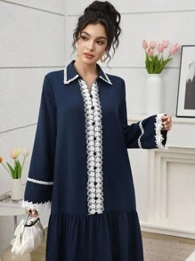 Al Najma 女士纯色百搭日常通勤长袖连衣裙 - 藍色 - 查看 4