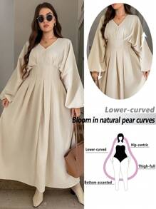 SHEIN LUNE 大码连衣裙 女士教堂礼服 婚礼宾客礼服 大码婚礼宾客礼服 约会晚礼服 女士教师服装 女士秋季连衣裙 秋季服装 大码编织纹理提花面料，三维垂直条纹面料，高重量，大灯笼袖效果，齐腰连衣裙 优雅的日常派对活动假日优雅服装，办公室警笛风格服装 长裙 老钱风格女士婚礼宾客礼服 女士夜间外出礼服 女士返校节礼服 女士秋季服装 女士派对礼服 节日礼服 - 杏色 - 查看 2