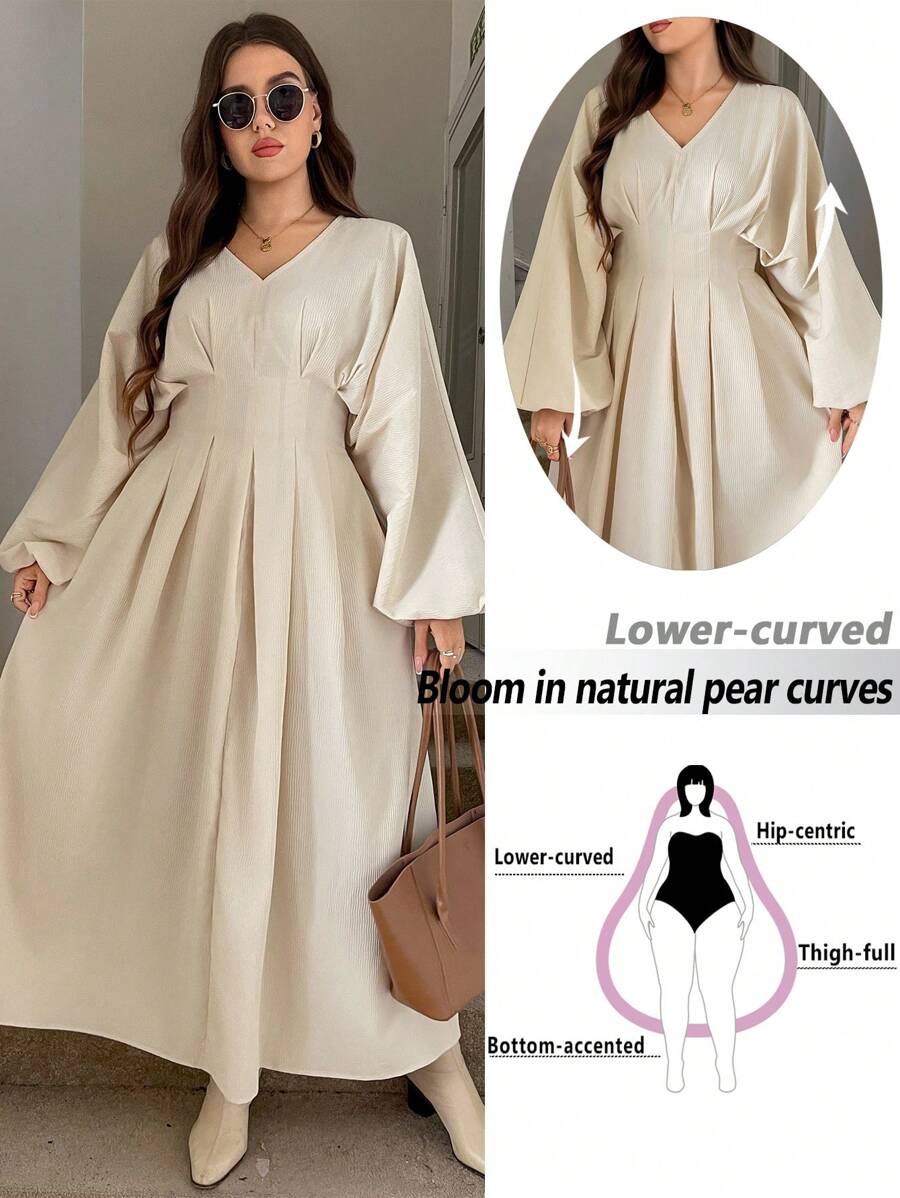 SHEIN LUNE 大码连衣裙 女士教堂礼服 婚礼宾客礼服 大码婚礼宾客礼服 约会晚礼服 女士教师服装 女士秋季连衣裙 秋季服装 大码编织纹理提花面料，三维垂直条纹面料，高重量，大灯笼袖效果，齐腰连衣裙 优雅的日常派对活动假日优雅服装，办公室警笛风格服装 长裙 老钱风格女士婚礼宾客礼服 女士夜间外出礼服 女士返校节礼服 女士秋季服装 女士派对礼服 节日礼服