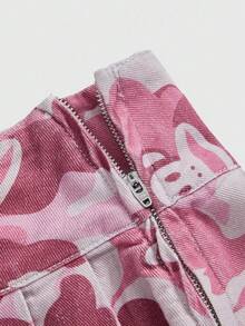 Paul Frank X ROMWE Y2K 亚文化迷彩印花和卡通贴片装饰低腰女式牛仔迷你裙 - 粉色 - 查看 8