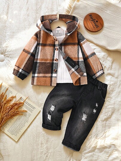 SHEIN Baby Boy Plaid Hooded Jacket And Jeans Set, For Christmas Autumn Fall