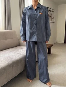 DAZY 可爱小狗印花条纹宽松女士睡衣套装，秋季衣服 - 藏蓝色 - 查看 4