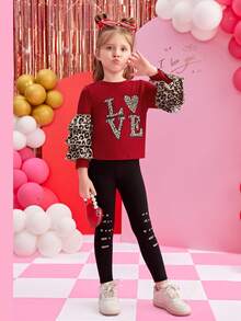 2pcs Girls Leopard Print Heart Valentine's Day Casual Outfit - Red - View 3