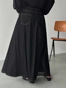 FRIFUL 女士纯色休闲牛仔迷你裙 长款黑色裙子 开衩长裙 开衩黑色牛仔长裙 薄纱长裙 - 黑色 - 查看 2