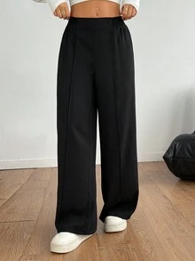 SHEIN PETITE 黑色Y2K纯色阔腿裤正装裤秋冬搭配 - 黑色 - 查看 5