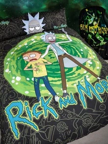 Rick and Morty X SHEIN 卡通和字母印花床上用品套件(包括被套和枕套) - 彩色 - 查看 4