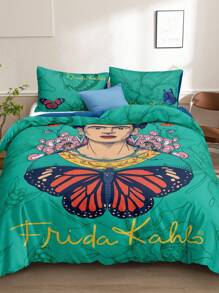 Frida Kahlo X SHEIN Juego de ropa de cama de 3 piezas con estampado de flores y mariposas verdes, de tela suave y transpirable, se ajusta a varios tamaños de cama para decoración del dormitorio