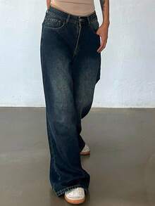 DAZY 女式宽松直筒休闲牛仔裤 - 中等水洗藍 - 查看 3