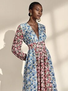 Almamuse 女式优雅花卉拼布长袖褶饰腰连衣裙 - 彩色 - 查看 1