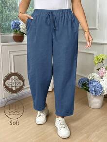 EMERY ROSE 大码女式纯棉弹力腰带口袋休闲翻领裤 - 水鴨藍 - 查看 1