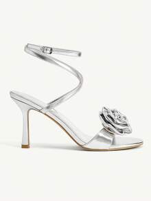 CUCCOO CHICEST 银色金属玫瑰装饰带踝带凉鞋，优雅时尚，适合正式场合，圆头高跟鞋 - 銀色 - 查看 7