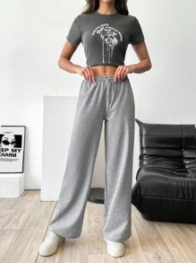 RueChic Women Mid Waist Wide Leg Sweatpant - Grey - View 4