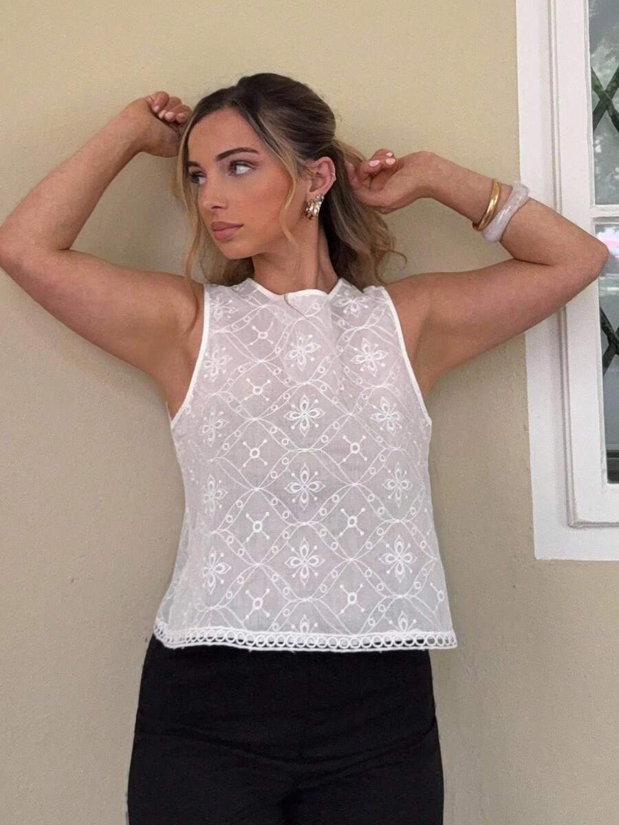 Jeta Ari 女式圆领拼接蕾丝后背不对称下摆纹理休闲假日衬衫 - 白色 - 查看 1