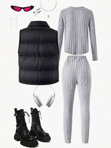 Girls Casual Fashion Quilted High Collar Zip-Up Cardigan With Bow Embroidery, Paired With Ribbed Crew Neck Long Sleeve Top And Pants, Comfortable 3 Pieces Set Fall Winter - Multicolor - View 2