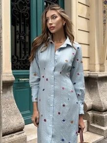 Chiquease New Embroidered Pleated Waist Casual Versatile Slim Fit Dress Fall Cloth For Women - Blue - View 4