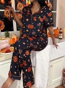 CoupledUp Bộ đồ ngủ ve áo in hình đầu bí ngô Halloween dành cho nữ, đồ ngủ Halloween đôi cho cặp đôi, dành cho tiệc Halloween - màu đen - Xem 5