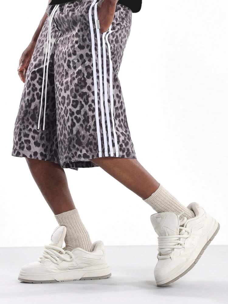 사이드 스트라이프 레오파드 프린트 농구 반바지