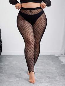 SHEIN CURVE+ Plus Size Black Thin Mesh See-Through Leggings, Fashion Leggings, Rave Festival, Casual Daily Wear, Holiday Party Wear, Winter Plus Size Fishnet Tights/Autumn /Winter - Black - View 6