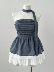 Sunspun 加大码蕾丝下摆格子抹胸上衣搭配格子围巾装饰 - 藍色 - 查看 4