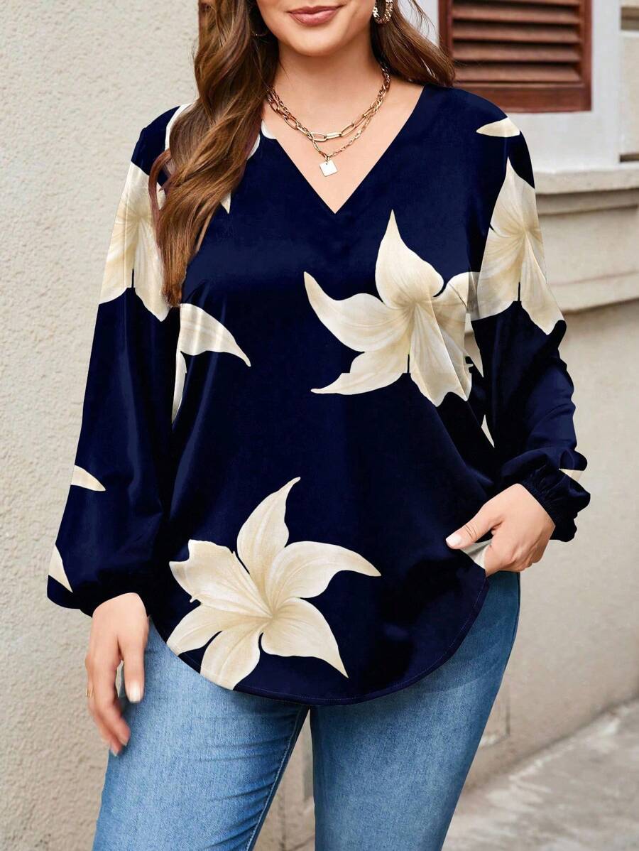 EMERY ROSE Casual Floral Pattern Women's Shirt, Suitable For Fall And Winter Chic Blouses For Women,Casual - Navy Blue - View 1