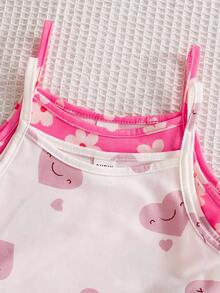 SHEIN 4pcs Young Girl Cute Rabbit Print Camisole And Shorts Knit Homewear Set, Summer - Baby Pink - View 4