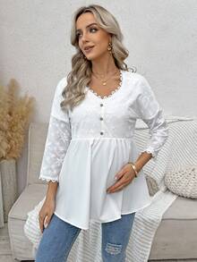 SHEIN Top d'allaitement élégant à manches mi-longues, col rond, avec patchwork en dentelle - Blanc - Voir 3