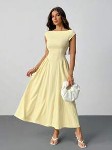 SHEIN Tall 女士优雅纯色束腰长裙，夏季 - 黃色 - 查看 4
