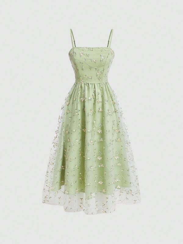 SHEIN MOD Ladies' Floral Embroidery Splicing Mesh Cami Dress