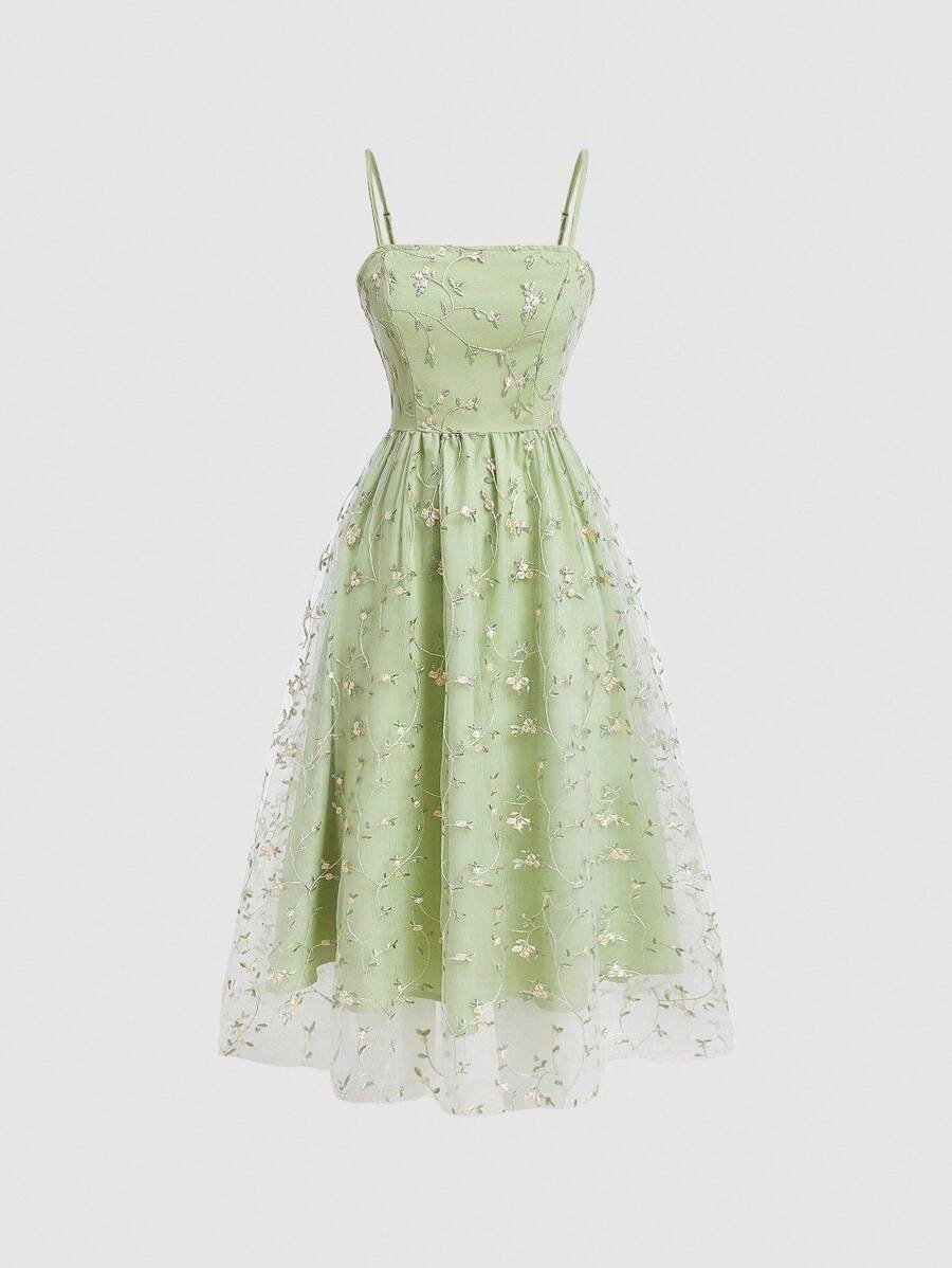 SHEIN MOD Ladies' Floral Embroidery Splicing Mesh Cami Dress