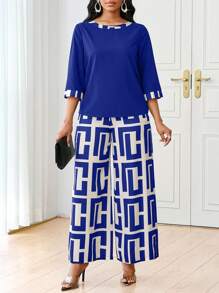 SHEIN Lady 春夏秋冬休闲优雅黑色针织V领喇叭纽扣短款长袖休闲优雅大码套装情人节新年女装夏季女装夏季 - 寶藍色 - 查看 5