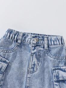 SHEIN Elladie kids 休闲宽松极简迷彩印花多口袋女童牛仔裙 - 淺色水洗藍 - 查看 4