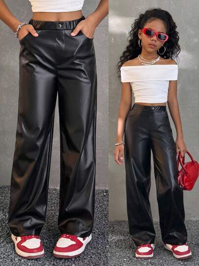 Coolane Tween Girls Fall/Winter Solid Color Casual Straight Leg Pants With Pockets,Basic,Daily Wear,Leather,Comfortable,Warm/ Cold Weather/ Thermal