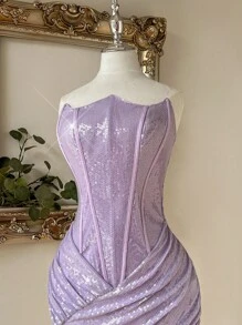 Lovelzi 时尚性感前卫闪亮亮片面料美人鱼抹胸连衣裙，适合夜店、派对、度假、鸡尾酒会 - 淡紫色 - 查看 7