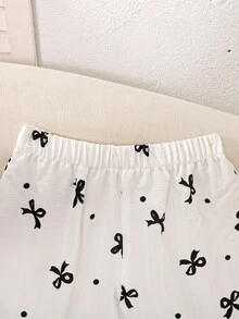 SHEIN 青少年女孩编织睡衣套装，蝴蝶结装饰衬衫，V 领翻领纽扣前短袖上衣和宽松休闲长裤，2 件套睡衣套装 - 黑與白 - 查看 6