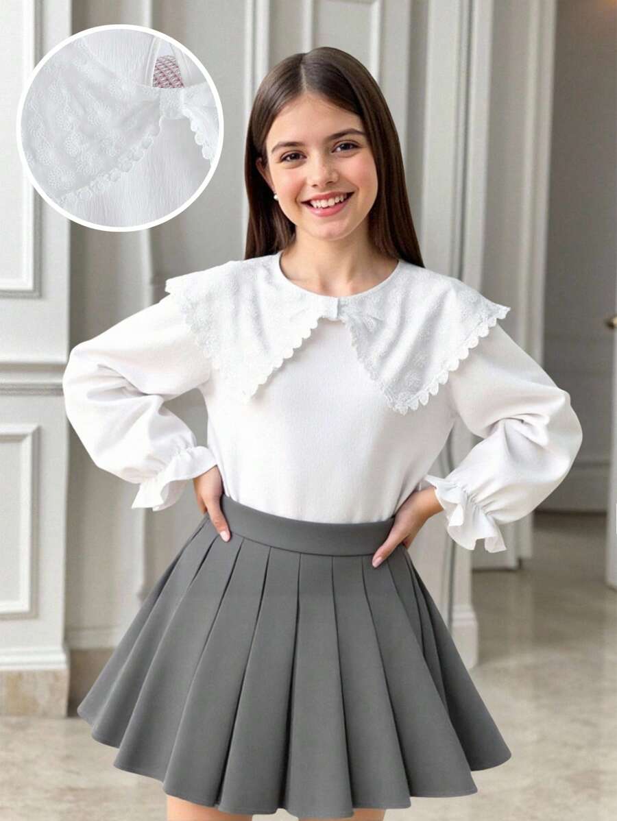 Girls' Casual Long Sleeve Lace Trim Pullover Blouse, Elegant Floral Embroidered Collar Shirt For Outings, Simple White Top - White - View 1