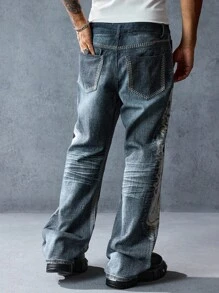 ROMWE MEN Street Life Jeans casuales y versátiles para hombres con cierre de botones y pierna entallada - Azul - Ver 3