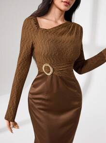 Modelyn Asymmetrical Knit Texture Patchwork Satin With Metal Buckle Elegant Dress Fall Cloth For Women - Brown - View 7