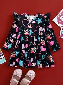 Paul Frank X SHEIN فستان بناتي طويل الأكمام مزين بطبعات نجوم وقلوب لامعة مع تريم كشكش، مناسب للخريف والشتاء