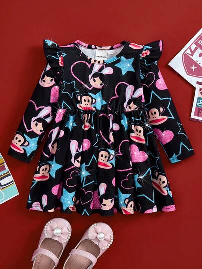 Paul Frank X SHEIN Baby Girl Cute Glitter Star & Heart All-Over Print Ruffle Trim Long Sleeve Dress, Autumn/Winter