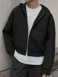 Manfinity Dauomo Men's Solid Color Drop Shoulder Long Sleeve Zip Front Casual Hoodie