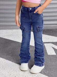 SHEIN SLAYR Young Girl Young Girl Blue Denim Elastic Ruched Jeans Fall Winter - Dark Wash - View 5