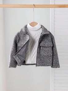 SHEIN Babygirl 可爱双面领灰色夹克，百搭秋冬 - 灰色 - 查看 3