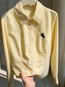 SHEIN EZwear Women's Autumn Outing Clothing New Style Embroidered Horse Cream Yellow Stripes Waist Decoration Slim Long Sleeve Shirt,Tops For School   Suitable For Daily Wear,Fall Tops